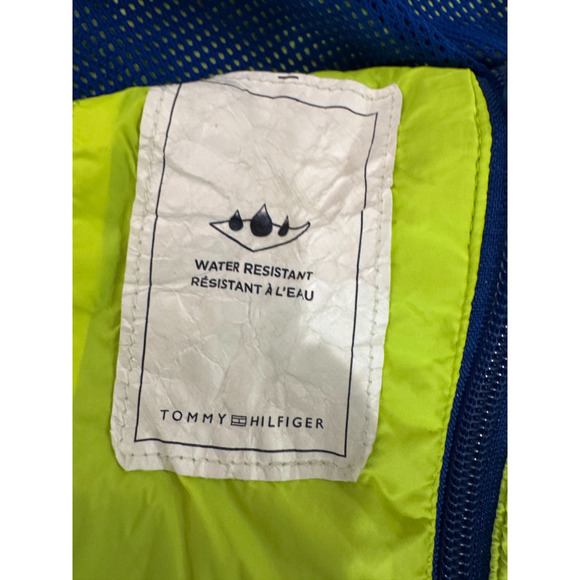 90s Tommy Hilfiger Mens Neon Green Yellow Hooded Windbreaker Jacket M Spell Out - Picture 10 of 13